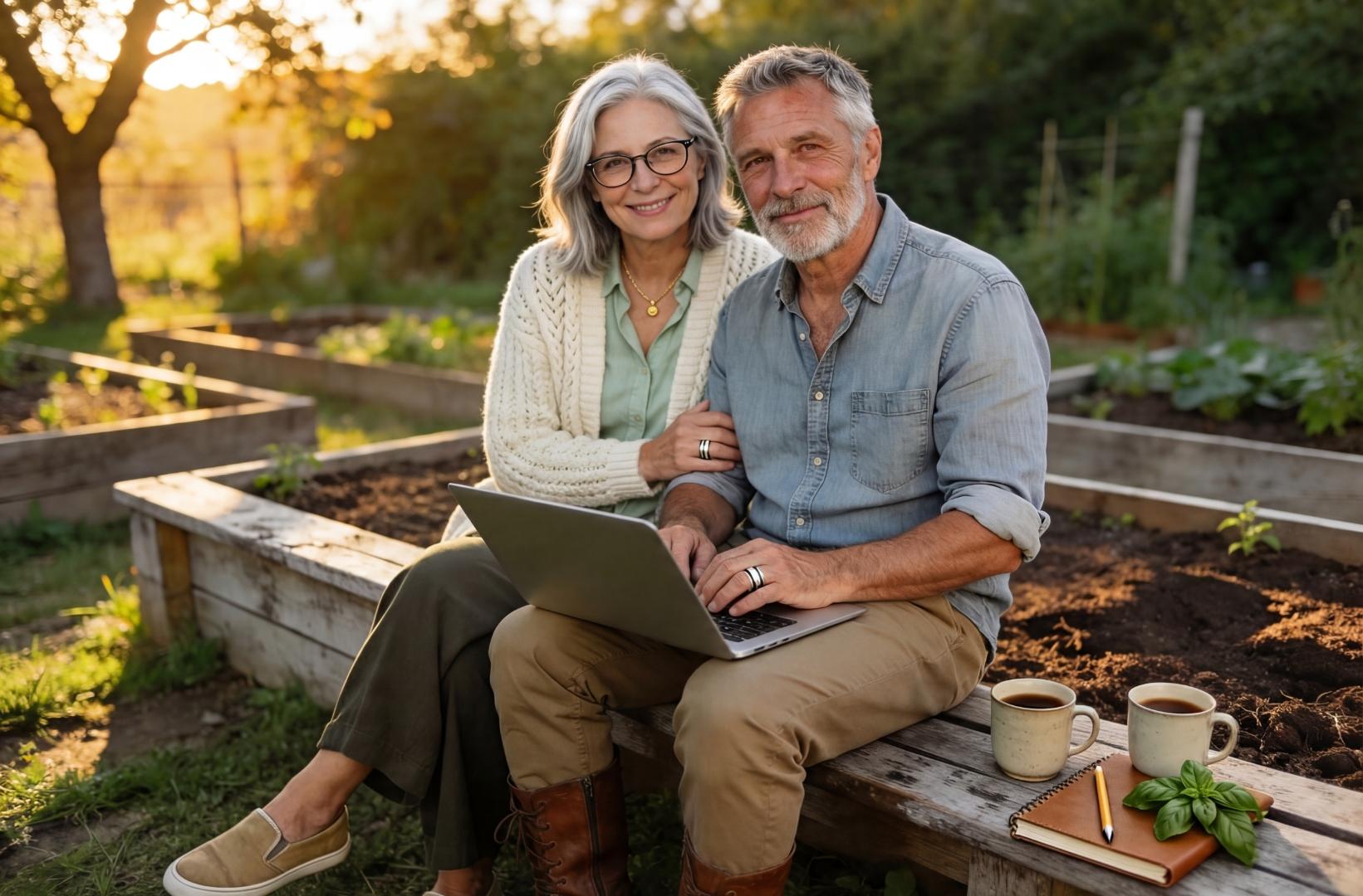 A couple reviewing their season harvest data on a laptop beside their raised beds with coffee