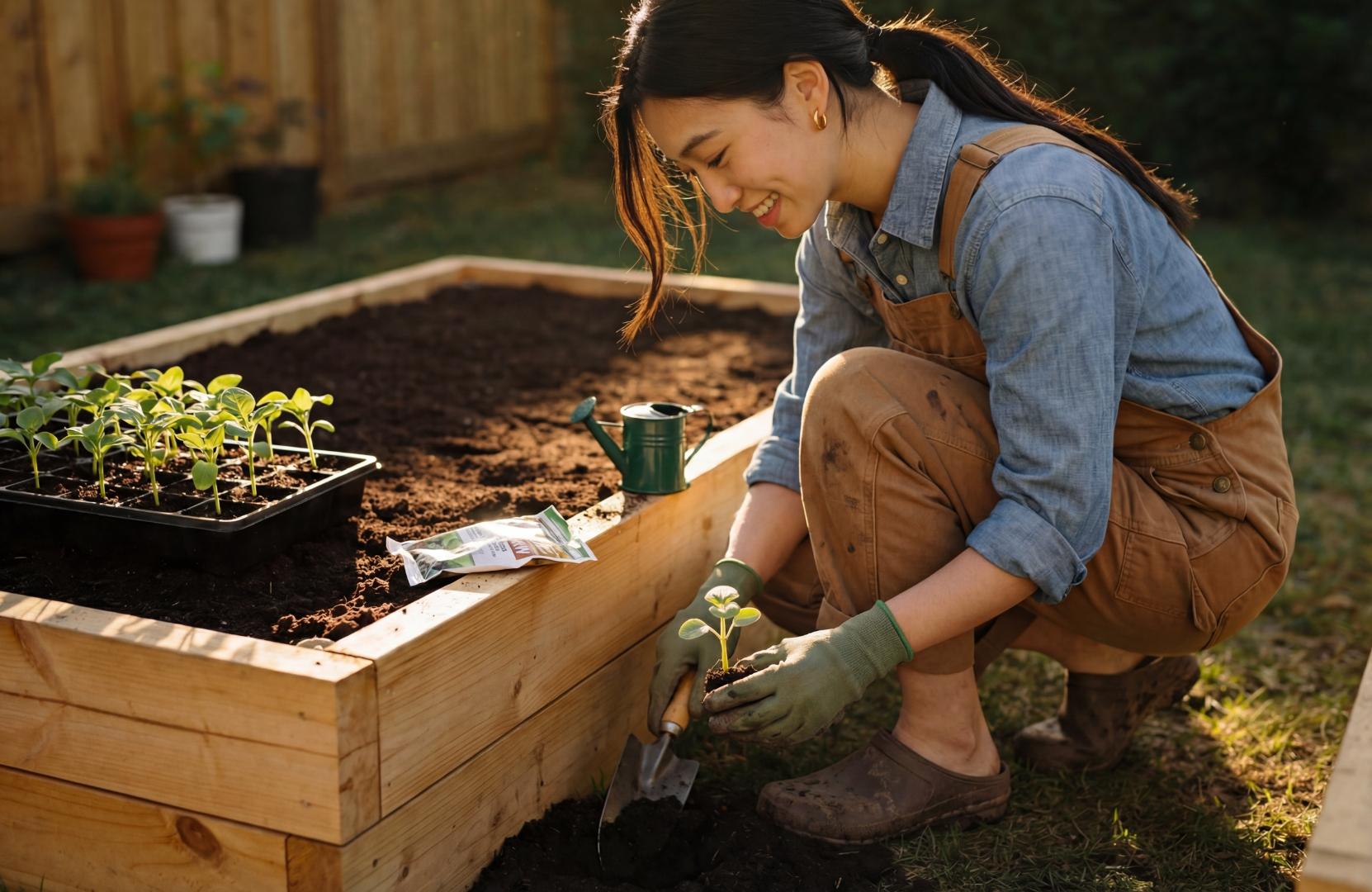 A first time gardener planting a seedling in a raised cedar bed at golden hour