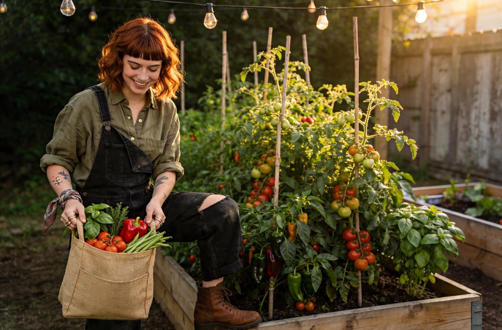 A gardener with a burlap bag full of tomatoes, peppers, and basil beside a raised bed