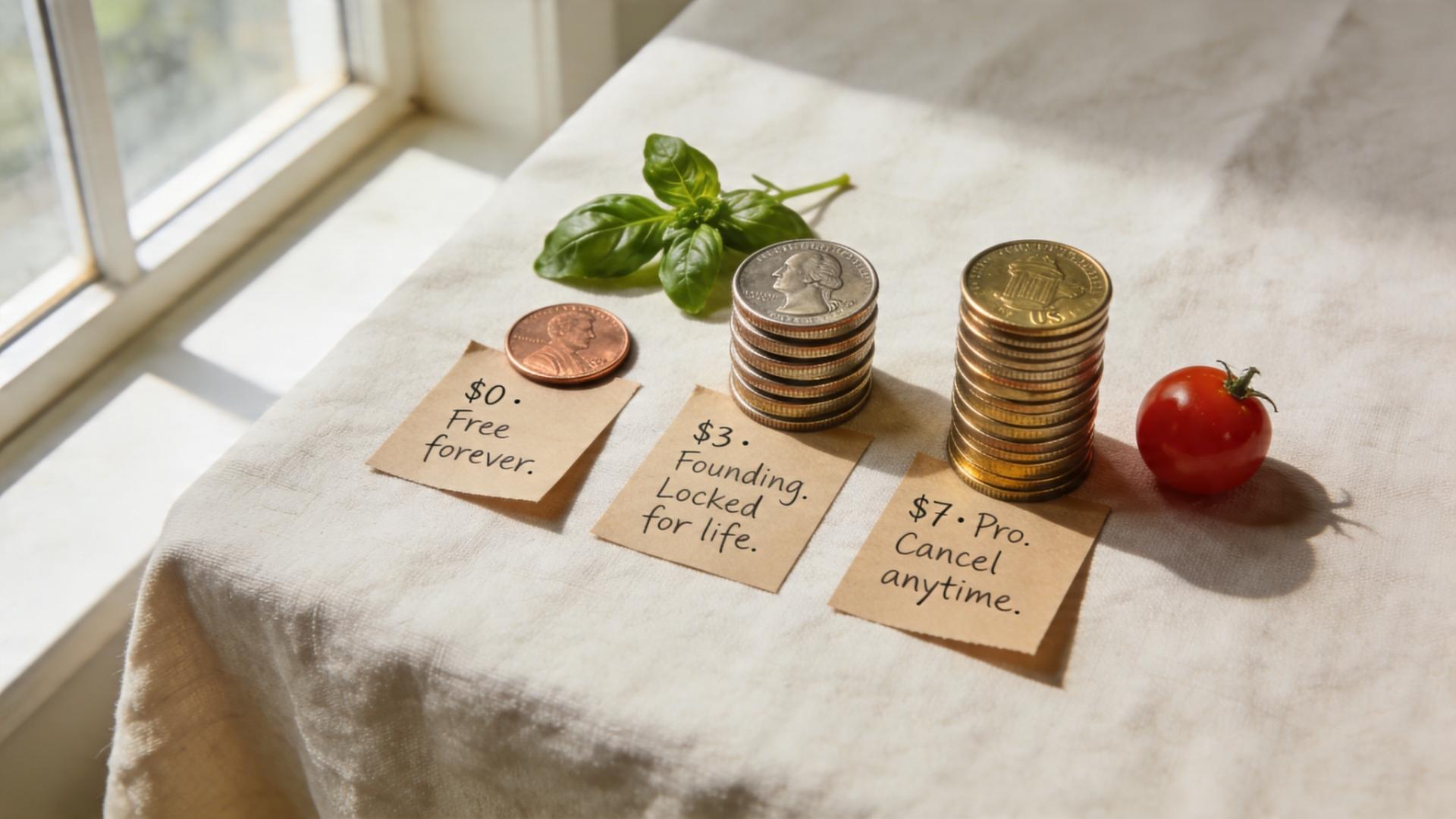 Three coin stacks labeled $0, $3, $7