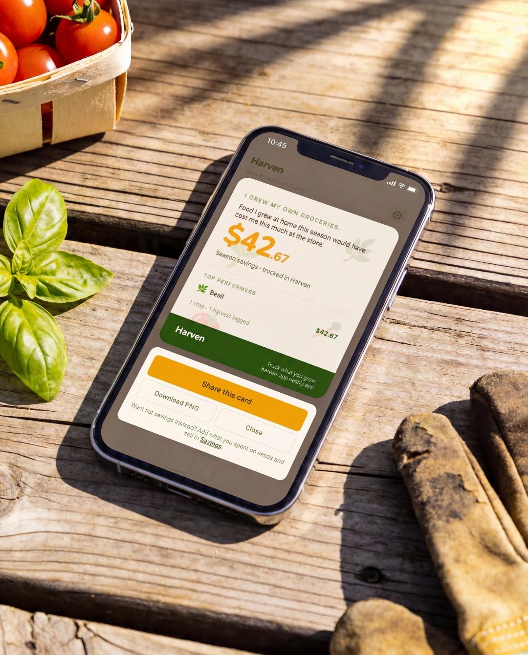 iPhone showing the Harven app with a $42.67 season savings share card