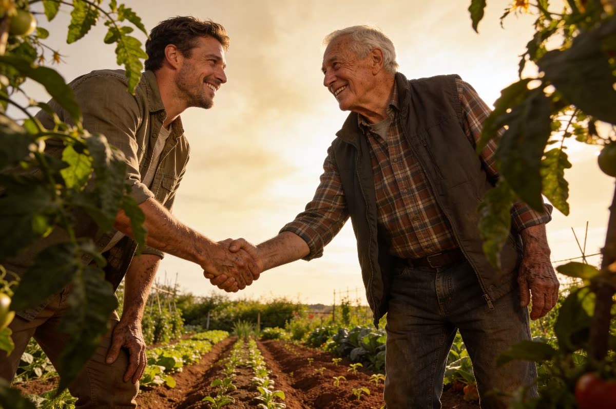Two gardeners shaking hands across a row of tomato plants at sunset